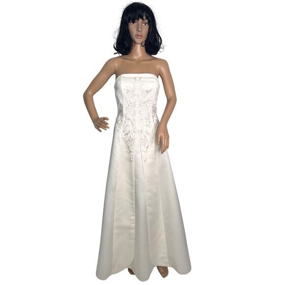 1990s Jessica McClintock Ivory Embroidered Strapless Formal Gown USA made XS - Picture 2 of 16